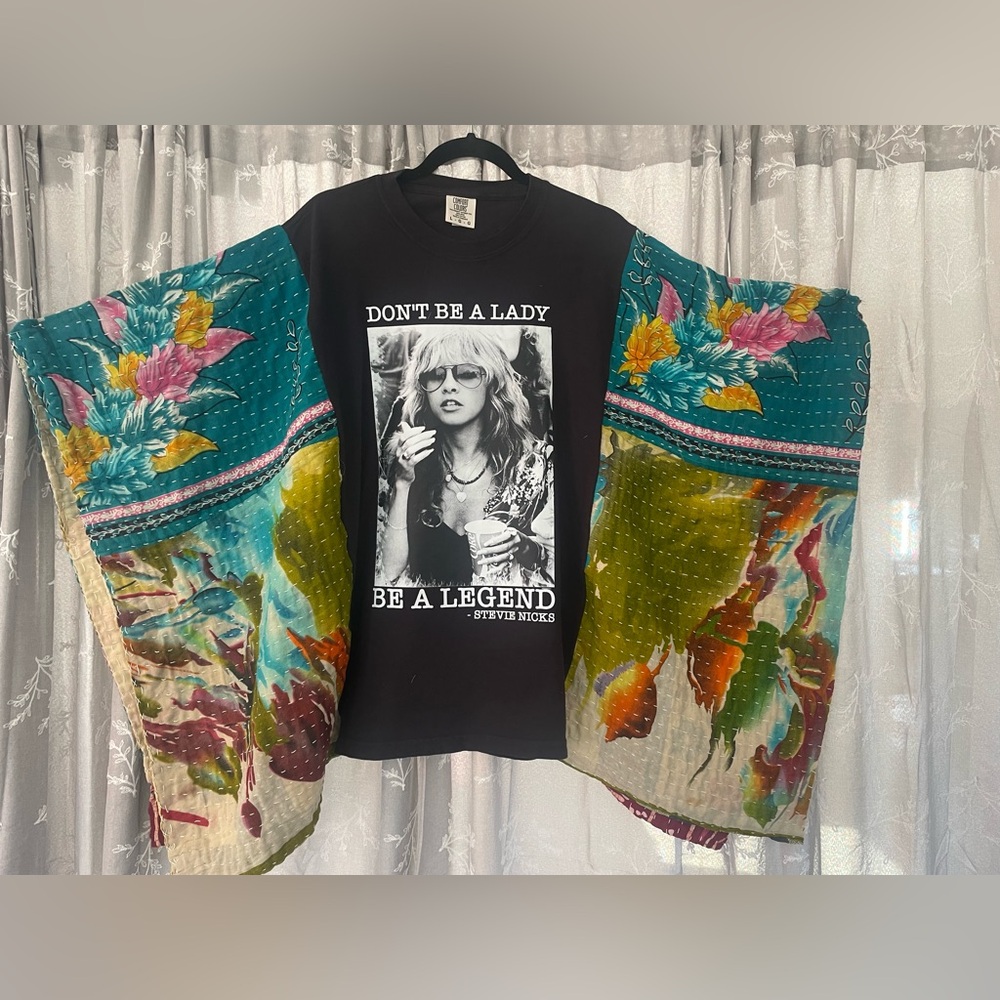 Stevie Nicks Fleetwood Mac Graphic Tee Poncho Style with Colorful Kantha Sleeves